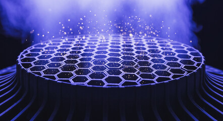 Abstract futuristic technology background with hexagonal grid structure, vibrant blue light, smoke, and glowing particles. High-tech concept of energy, data, or AI core.