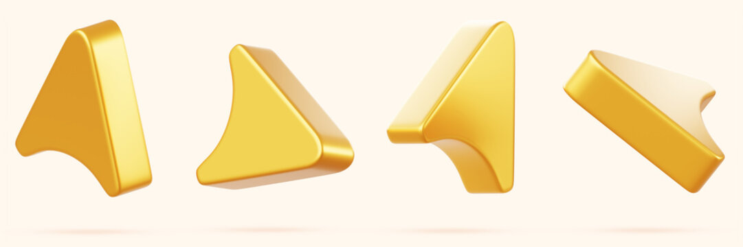 3d gold navigation arrow. Shiny golden directional pointer set for interface design. Metal gps navigator icon, location point. Isolated yellow direction sign, road map route symbol. 3D illustration