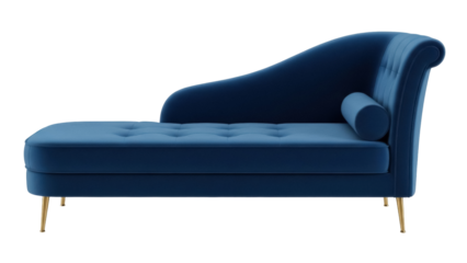 Elegant blue velvet chaise lounge isolated PNG, luxurious daybed with golden legs for relaxation and stylish interior design
