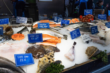 Fresh Seafood Display on Ice at Borough Market, London, UK