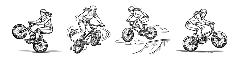 Naklejka premium Illustration of four female BMX riders performing various tricks and stunts. The dynamic poses highlight skill, control, and the excitement of BMX freestyle biking.