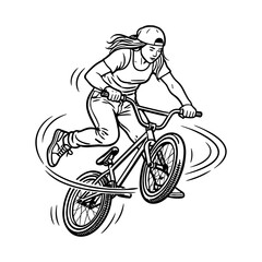 Naklejka premium Illustration of a female BMX rider performing a dynamic trick on a freestyle bike. She is captured mid-air with one leg extended and the bike tilted, showcasing balance and control.