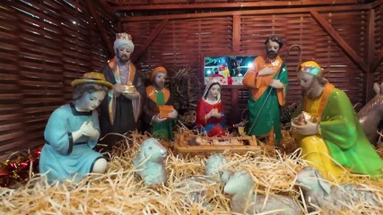 Nativity scene, which reproduces events related to the birth of Jesus Christ. Central figures include the baby Jesus in a manger, the Virgin Mary, and Joseph. Also featured are the Magi, shepherds.
