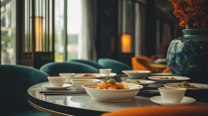 A beautifully set table with vibrant dishes invites a delightful dining experience Generative AI