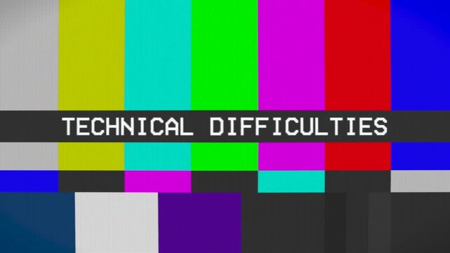 Technical Difficulties Title And Color Bars On Retro CRT Television Screen Loop