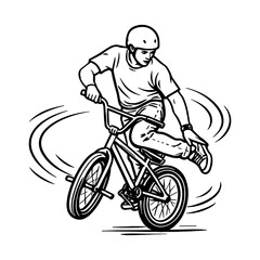 Naklejka premium Young American male performing BMX bike stunt in motion. Extreme sport, urban lifestyle and youth activity concept. Vector illustration.