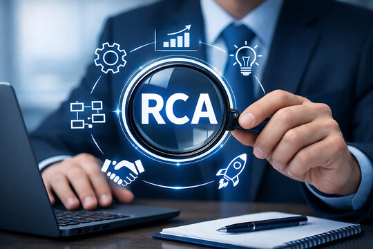 Root Cause Analysis Concept, Businessman holding magnifying glass with RCA symbol, represents finding the root cause of the problem, solving the organization's  new
