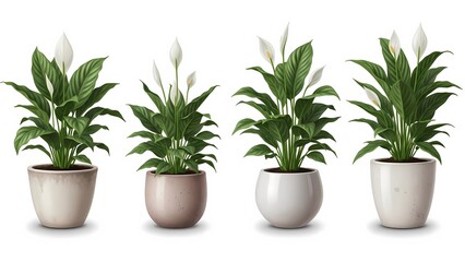 Fototapeta premium Four potted peace lily plants with white flowers and green leaves on a plain white background