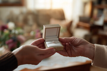 Two hands come together to exchange a beautiful engagement ring in warm, inviting light Generative AI