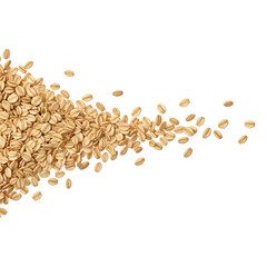 Dynamic shot of scattered golden rolled oats isolated on a transparent background