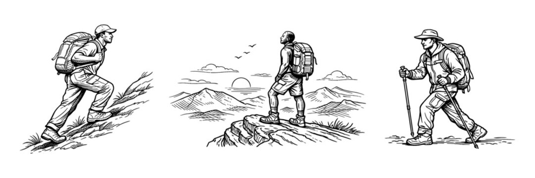 Set of male hikers trekking through nature, climbing trails and enjoying mountain views. Outdoor adventure, exploration and travel lifestyle concept. Vector illustration.