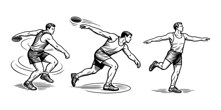 Sequence of a male athlete performing discus throw. Track and field event, athletic motion and sports training concept. Vector illustration.