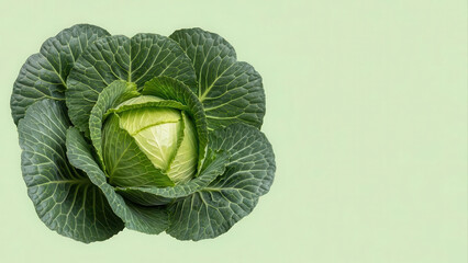 Fototapeta premium Fresh green cabbage with vibrant leaves and a smooth texture, showcasing natural beauty and healthy eating, perfect for culinary and agricultural themes with copy space