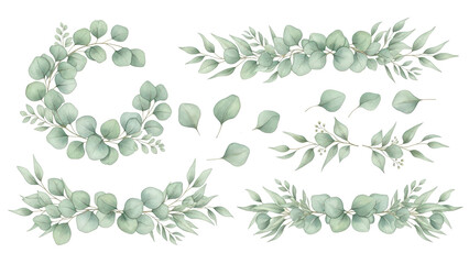 Eucalyptus leaves and greenery borders set.  Watercolor green leaves and branches. Clipart for invitations, greeting cards, save the date, stationery design. Hand drawn illustration.