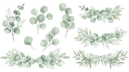 Eucalyptus leaves and greenery borders set.  Watercolor green leaves and branches. Clipart for invitations, greeting cards, save the date, stationery design. Hand drawn illustration.