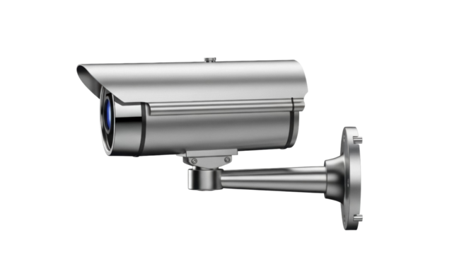 Silver CCTV security camera isolated PNG, surveillance system for safety and crime prevention on transparent background - Powered by Adobe