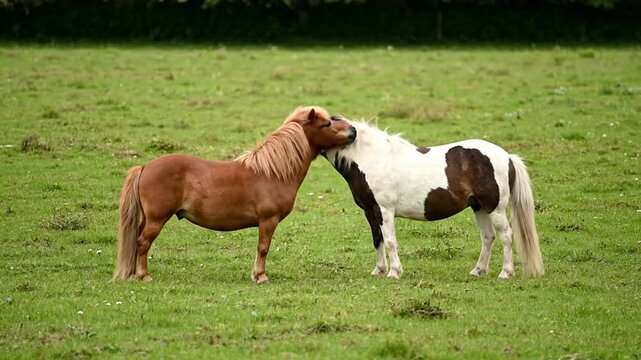 Horse breeding scene with two ponies interacting in a green pasture landscape