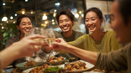 Four Taiwanese adults toast with smiles in a joyful celebration of tasty food Generative AI