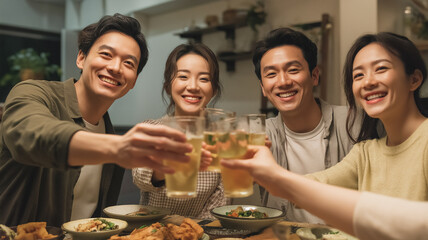 Four friends enjoy a joyful evening, raising glasses in celebration amid good food and laughter Generative AI