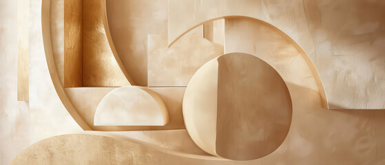 Minimalist golden interior with geometric shapes, arches, and warm sunlight casting soft shadows. Ideal for luxury or modern concepts.