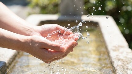 Fototapeta premium Close-up of human hands gently cupping and catching clean, fresh water as it splashes from a natural source, symbolizing purity, hydration, and natural refreshment outdoors