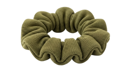 Olive green knitted scrunchie isolated PNG, hair tie elastic band for women and girls fashion accessory on transparent background