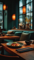 Warmly lit restaurant features cozy seating, elegant table settings, and a beautifully plated dish Generative AI