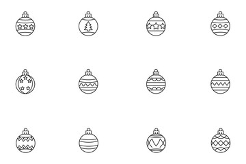 Christmas baubles and holiday ornaments line icon set, festive decorations vector illustrations