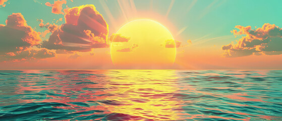 Fantasy seascape featuring a large glowing planet over reflective waters, with vivid colors and dreamlike, sci-fi inspired atmosphere.