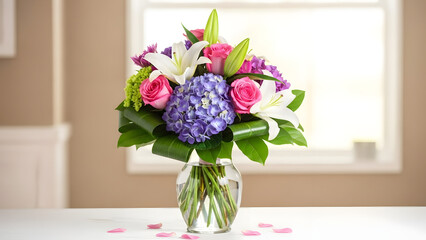 Beautiful bouquet of pink roses and purple hydrangeas in a clear glass vase on a table by a window