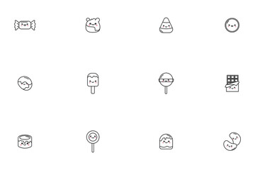 Kawaii sweets and candy line icon set, cute dessert characters and sugary snacks vector illustrations