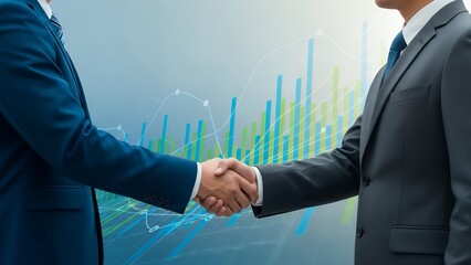 Businessmen handshake symbolizing merger and acquisition, abstract financial chart background