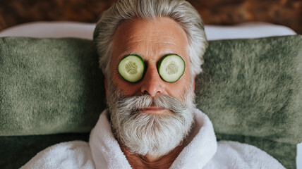 An older man enjoys a calming spa treatment while relaxing with cucumber slices on his eyes Generative AI