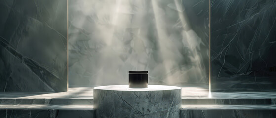 Modern glass perfume bottle displayed on a dark marble pedestal in a moody, elegant setting. Cool lighting and reflections create a sleek, sophisticated product presentation.