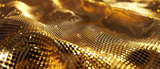 Abstract 3D digital wave with golden glowing dotted surface and fluid motion. Luxurious tech-inspired texture, ideal for backgrounds, futuristic designs, or digital art visuals.