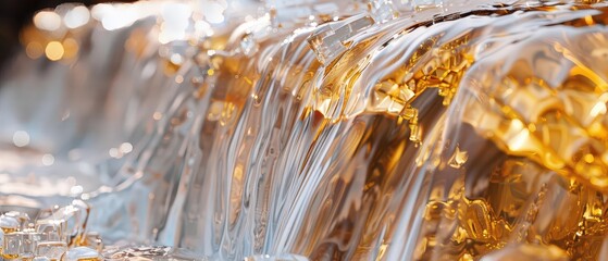 Abstract golden liquid flows in dynamic motion, with vivid highlights and smooth curves. Ideal for luxury backgrounds, cosmetic ads, or artistic product presentations.