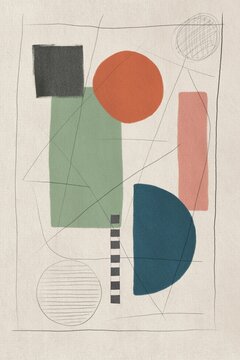 Abstract modern graphic with overlapping colourful shapes and expressive lines