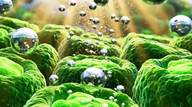 Photosynthetic cells capturing sunlight photons, oxygen bubbles.