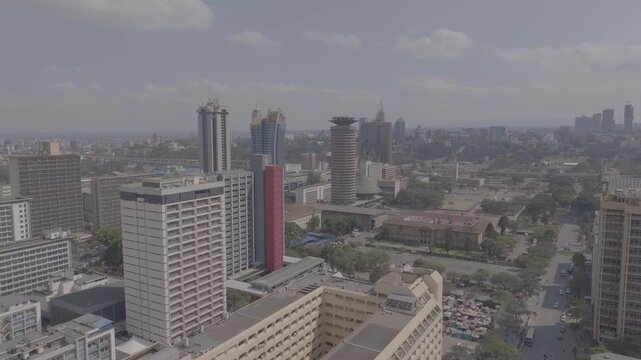 Aerial drone reveal of KICC in Nairobi CBD with other skyscrapers