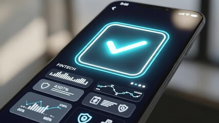 Fintech mobile app interface showing financial data and success checkmark - Powered by Adobe