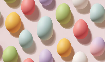 Colorful Easter eggs are arranged in a charming pattern against a light pastel backdrop Generative AI