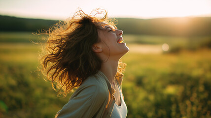 A woman dances freely, laughter echoing in the lush green field as the sun sets Generative AI