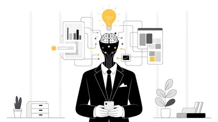 Silhouette of a businessman with a digital brain and lightbulb, holding a smartphone amid floating data panel and chart icons symbolizing b2b ai concept and enterprise intelligence.