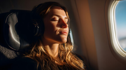 Woman sleeping during flight with travel pillow