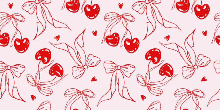 Bows, hearts and cherries. Seamless red hand drawn line pattern with ribbon lattice on soft pink background. Cute romantic design for Valentine wrapping paper, textile and wallpaper