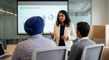 Skilled strategist delivering q4 financial briefing to multicultural colleagues in modern boardroom