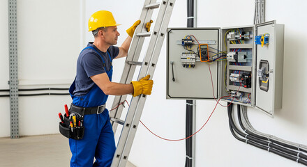 A male electrician on a ladder climbs to an electrical panel during repair and servicing of electrical equipment