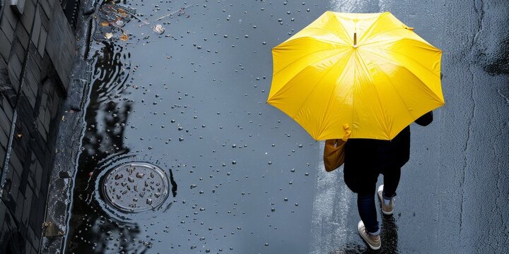 Woman walking with yellow umbrella on rainy city street