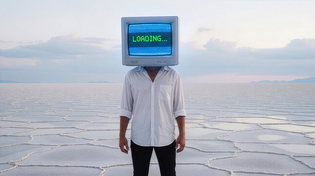 Abstract figure with retro crt head showing loading text in barren salt desert representing digital fatigue - Powered by Adobe