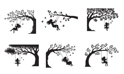 Fototapeta premium Silhouette of a girl swinging on a tree swing, surrounded by birds and butterflies, evoking childhood joy and nature.
